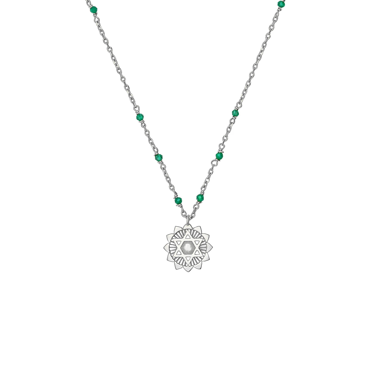 Zoe and Morgan Green Agate Heart Mala Silver Chakra Necklace 1 Zoe and Morgan Green Agate Heart Mala Silver Chakra Necklace
