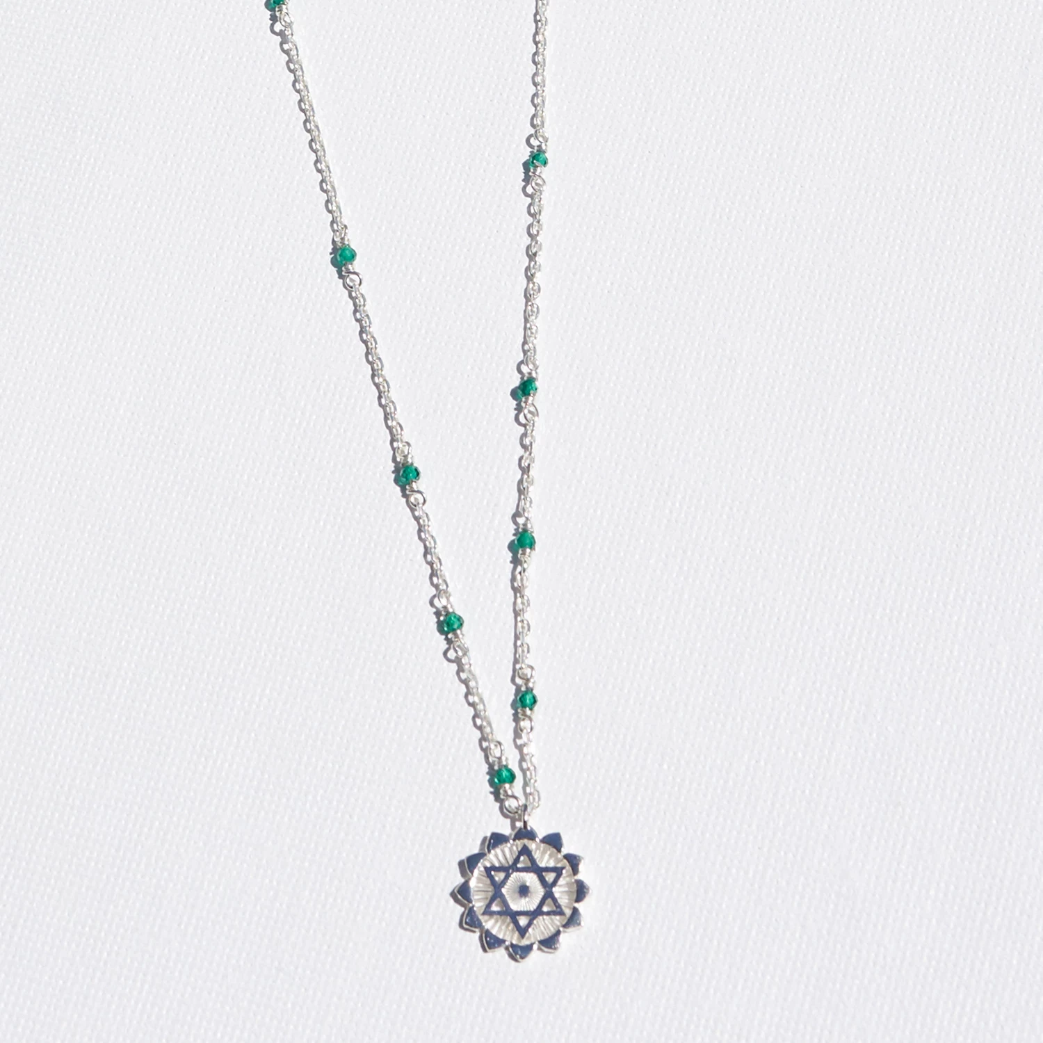 Zoe and Morgan Green Agate Heart Mala Silver Chakra Necklace 3 Zoe and Morgan Green Agate Heart Mala Silver Chakra Necklace