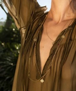 Zoe and Morgan Ruby Base Mala Gold Chakra Necklace